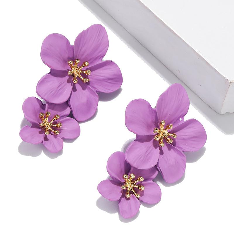 Double Flower Earrings Trendy Pink Flowers Studs Earrings For Women Wedding Party Jewelry Boho Metal Earrings Female