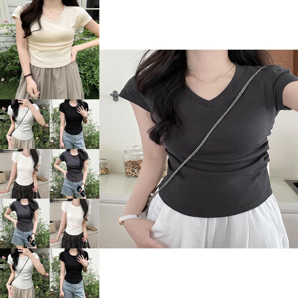 Cotton Short Sleeve T Shirt For Women With Pleated Design And Slim Fit For Casual Wear