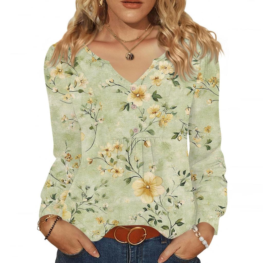 Women's Fashionable Casual V-neck Blouse Button Long-sleeved Pullover T-shirt Top