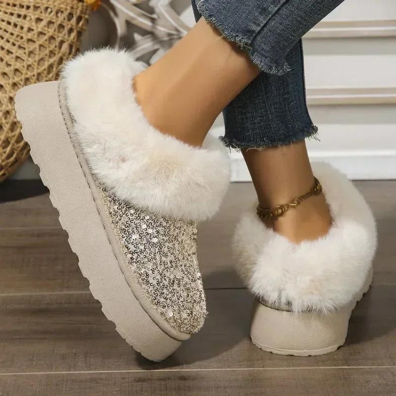 Winter Boots Women 2025 Fashion Sequined Cloth Warm Snow Boots Woman Non-Slip Thicken Plush Ankle Booties Plus Size 44 Faux Fur