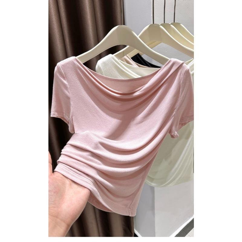 Damen Sommer Weiß Drapierter Halsausschnitt Raffung Kurze Ärmel Figurbetontes Crop Top