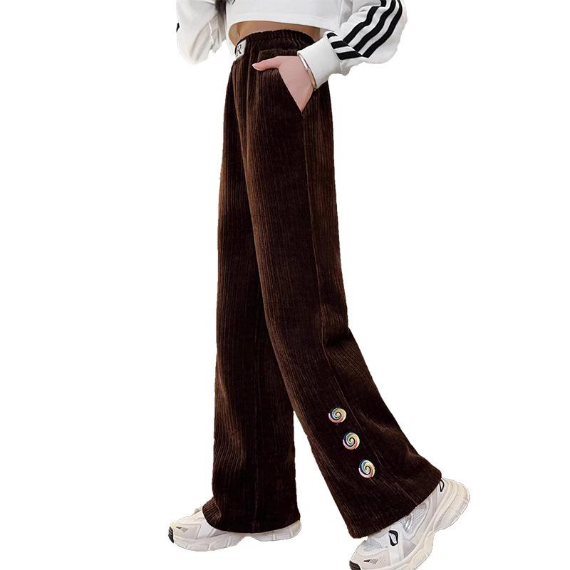 Girls' Sping Autumn Fleece-lined Wide-Leg Casual Pants - Stylish & Cozy for Middle and Big Kids