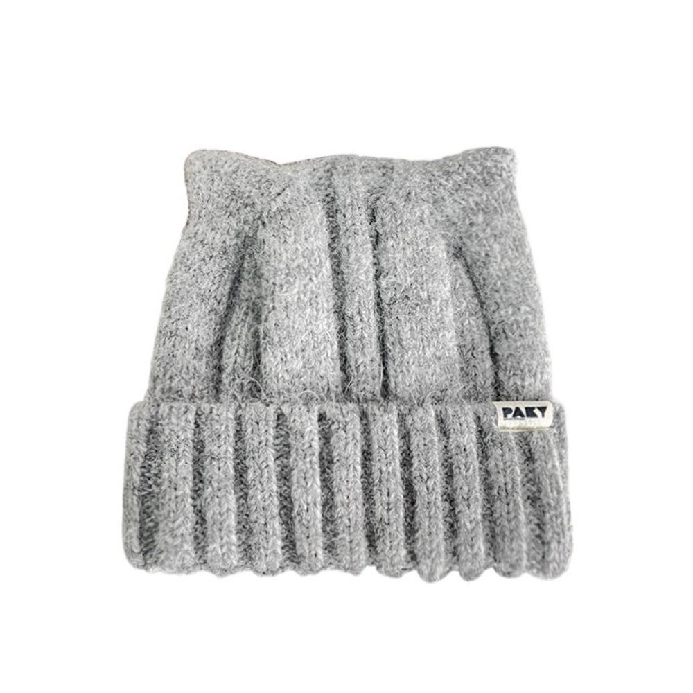 Windproof Knitted Pullover Hat Wool Women Beanie Hats Cute Cat Ears Hat  Female
