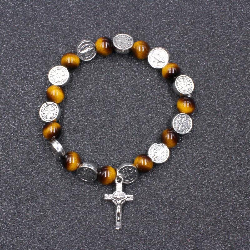 

Vintage Fashion Tiger Eye Stone Cross Bracelet Obsidian Agate Alloy Beaded Bracelet 4