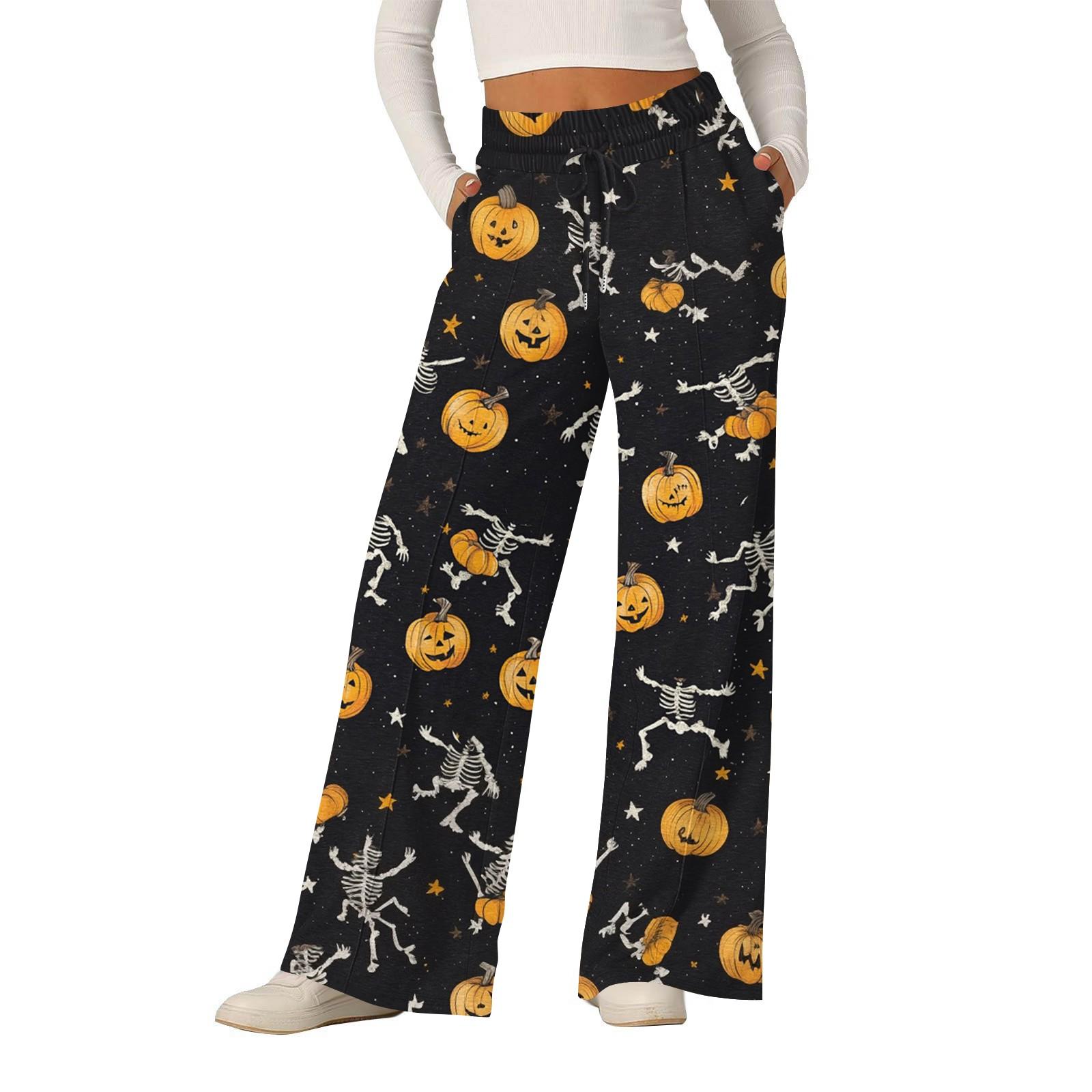 

Женские модные свободные повседневные брюки с принтом на Хэллоуин с широкими штанинами L золотой