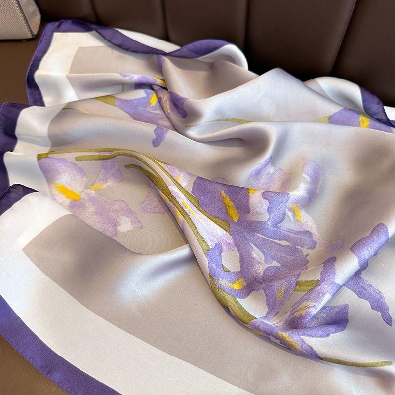Printed Silk Scarf | Women's Square Scarf with Purple Floral Patterns Elegant Decorative Little Neckerchief Silky-Smooth Texture