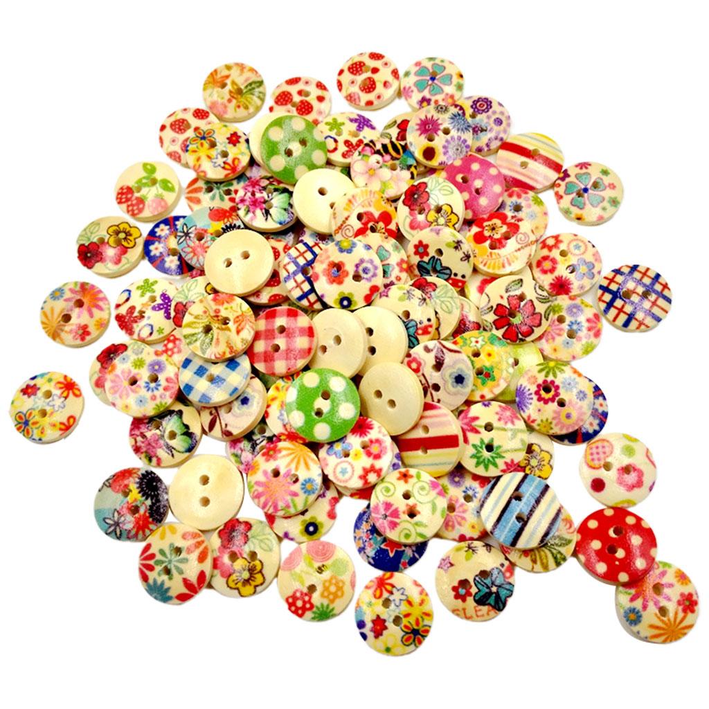 100Pcs -Hole Wood Buttons Mixed Flower for Sewing Embellishments 15mm