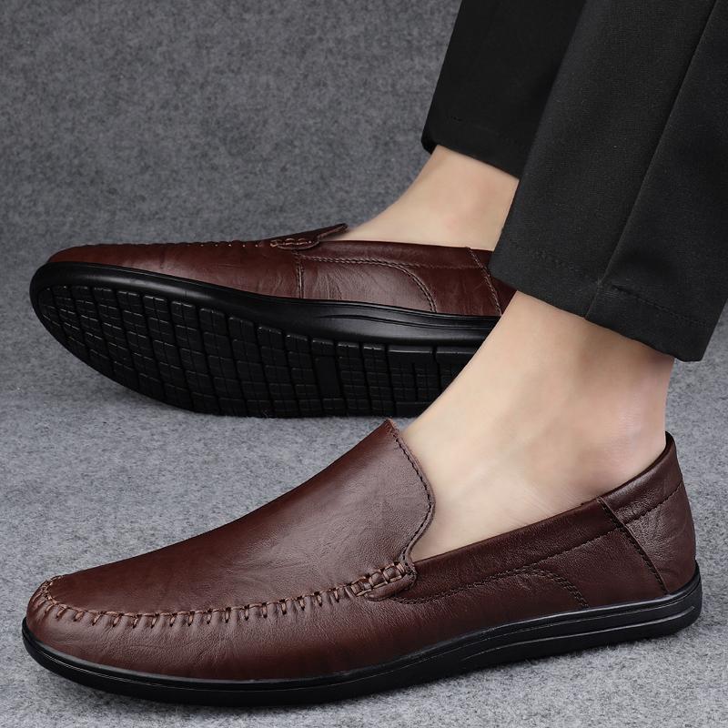 New 2024 Men Dress Shoes Genuine Leather Breathable Middle Aged Business Round Toe Wedding Footwear Male Flat