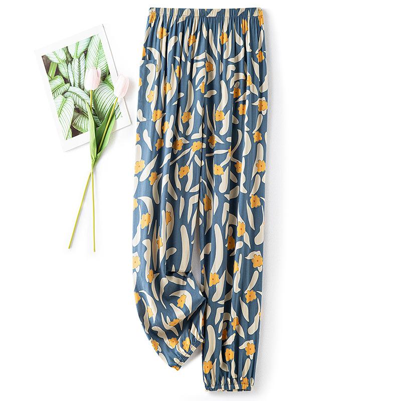 Pantaloni de pijama din bumbac mătase pentru femei, secțiune subțire de vară, anti-țânțari, pantaloni cu picior lat, culoare uni, pentru exterior, casă, petrecere a timpului liber, imprimeu, pantaloni de plajă până la genunchi