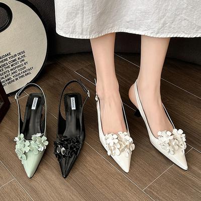 Grüne Blume spitze Sandalen Damen rückenfrei neu Frühling und Sommer dünner mittlerer Absatz Einzelschuhe Damen atmungsaktive Schuhe