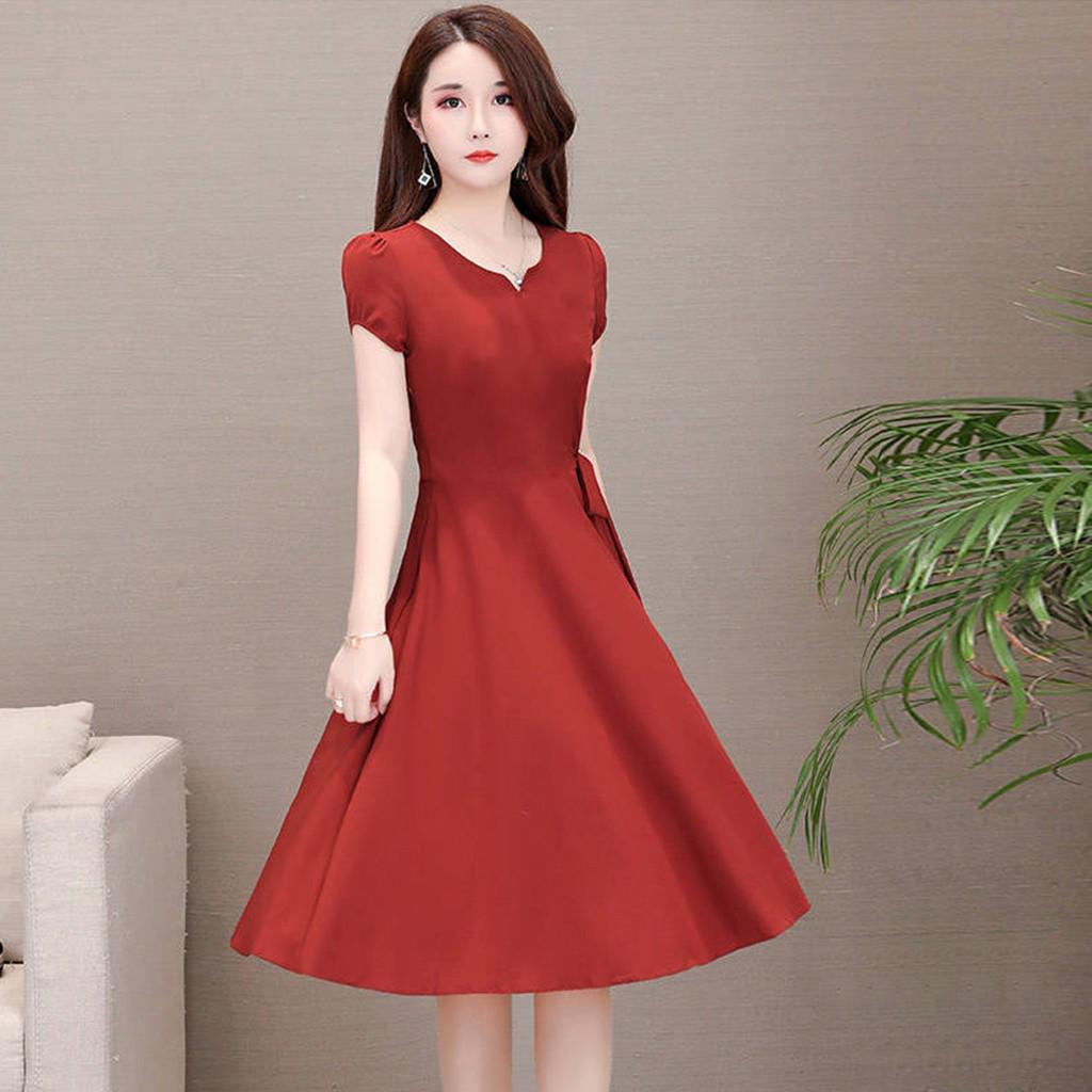 Women Girls Solid  Short Sleeve A-Line Dress Casual Summer Dress Clothes