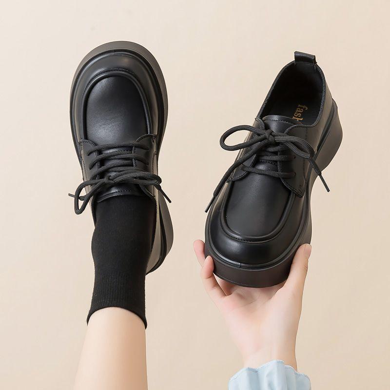 Genuine leather British style small leather shoes 2025 new black versatile work single shoes lace-up platform loafers