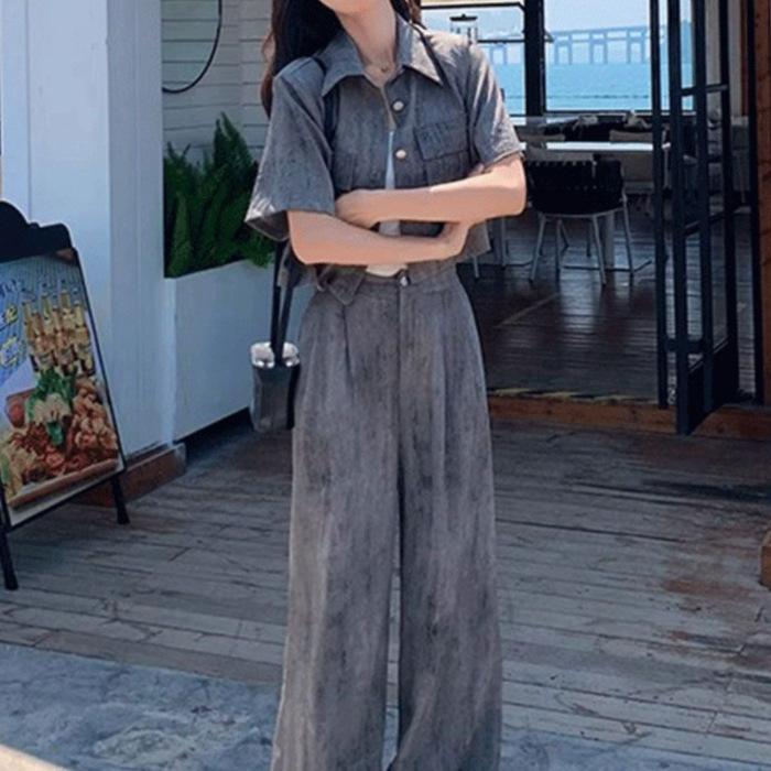 

Fashion Suit Women s Summer Light Mature Beauty Short-sleeved Shirt Top Casual Wide-leg Pants Two-piece Set 4XL сірий колір