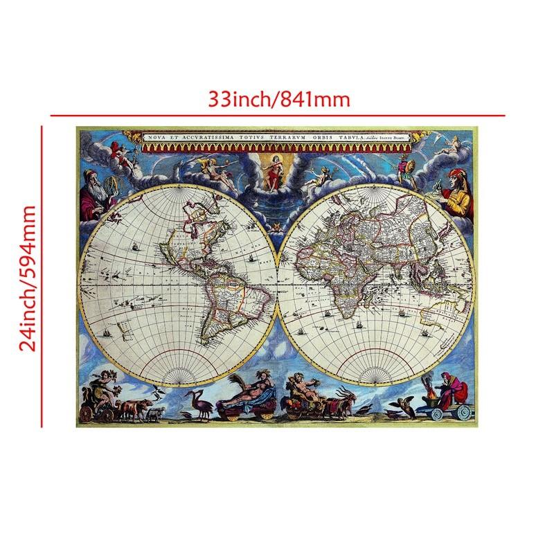 Vintage World Map Canvas Wall Art Retro Double Hemisphere Poster Print for Living Room Office Study Home Decoration Frameless