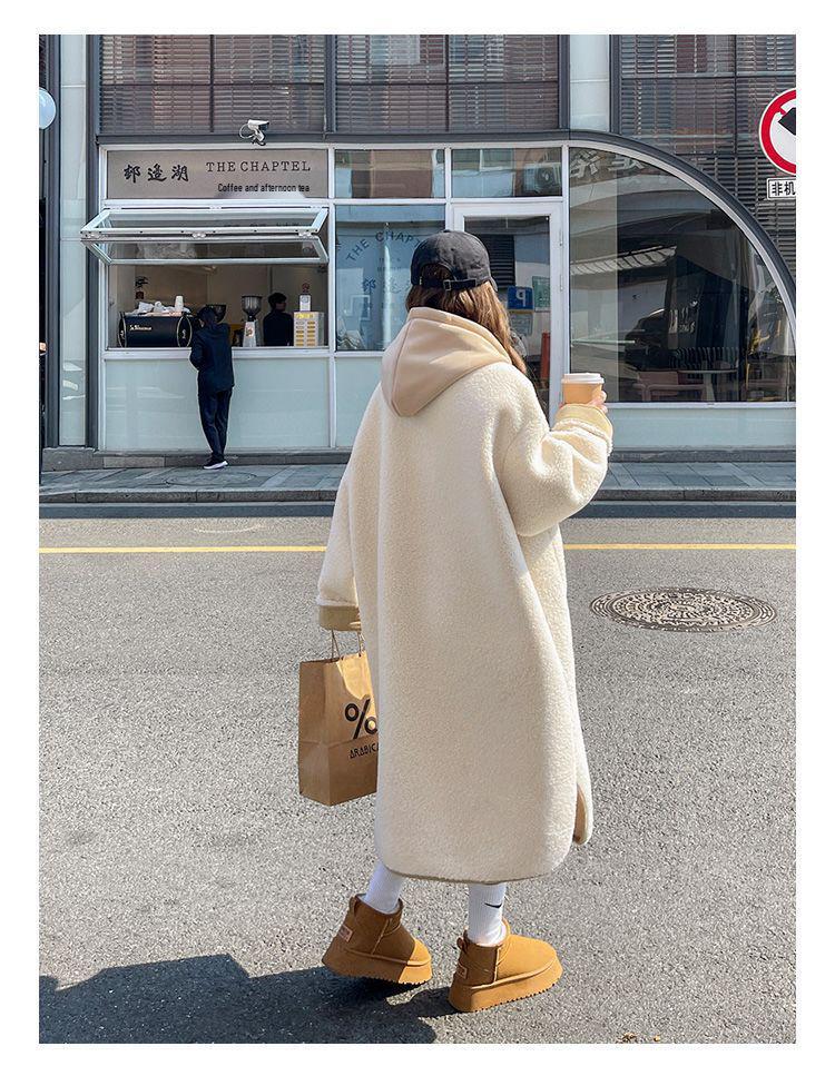 Beige Hooded Lambswool Mid-Length Coat - Thickened Korean Style, Loose Fit, Autumn/Winter Plush Jacket
