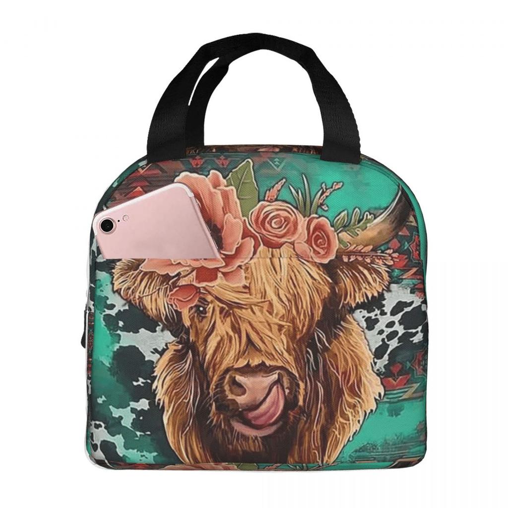 Ox Head Surrounding The Flowers Pattern Insulated Lunch Bag for Women Children Portable Food Boxes Thermal Lunch Box Tote