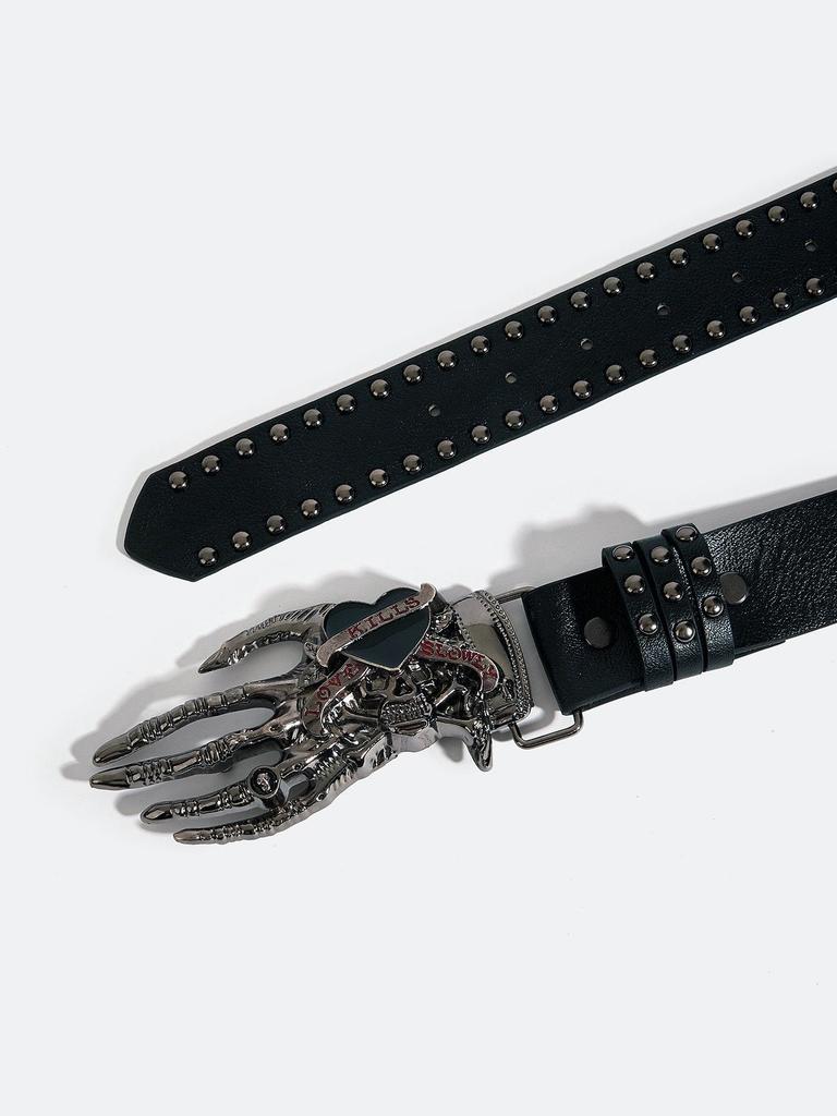 Trendy Men's Leather Belt with Skull Heart Design, Punk Style Snap Buckle, Casual Trouser Accessory