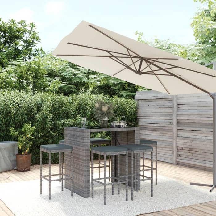 VidaXL Ensemble de bar de jardin 7 pcs avec coussins gris poly rotin, ensemble de table de bar, table et chaise de bar, 3187622