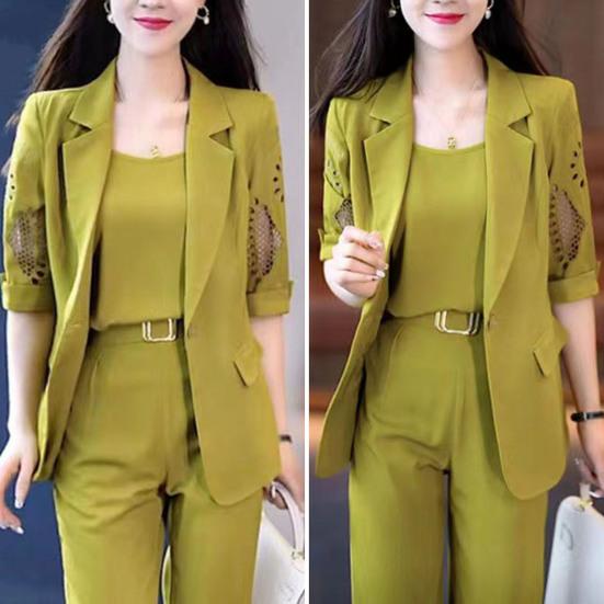 3 stk/sett kvinner forretningsdrakt V-hals ermeløs vest halvermet jakkeslag hul kåpe høy midje haremsbukser ensfarget formell pendlerstil