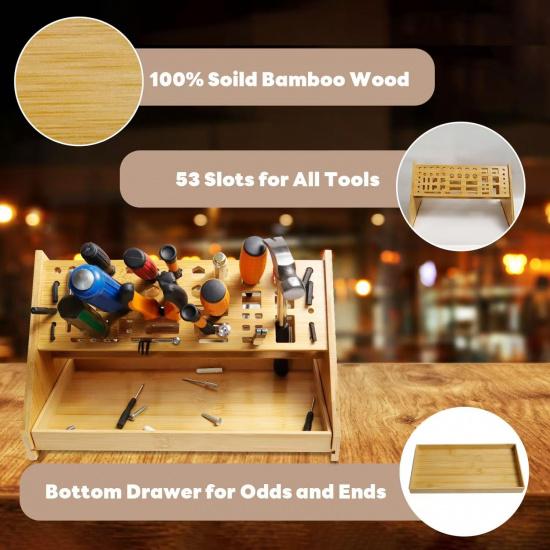 Screwdriver Organizer Desktop Screwdriver Holder 53 Slots Workbench Rack Stand Bamboo Tool Storage Organizer for Plier Hammer Allen Wrench