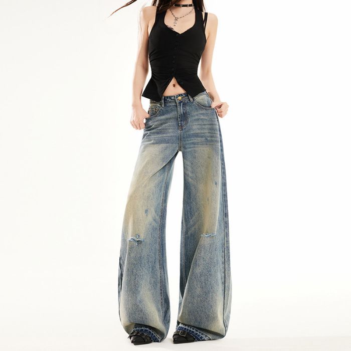 Spring Summer Relaxed Distressed Ripped Burn Vintage Wide Leg Denim Pants For Ladies Casual Pants Oversize Denim Trousers