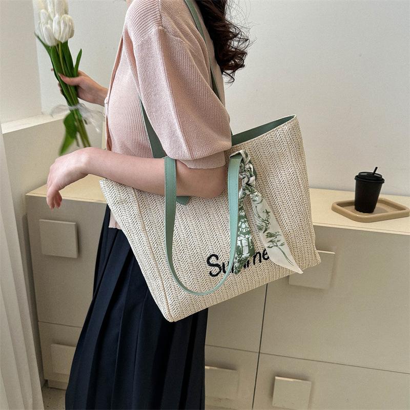 Woven large-capacity bag women's 2025 new spring commuter letter tote bag silk scarf versatile shoulder armpit bag