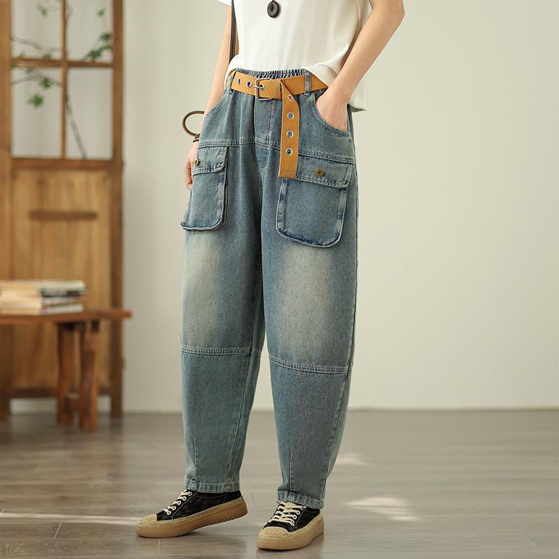 DIMANAF Plus Size 2025 Women Jeans Summer Pants High Waist Loose Pockets Elastic Basic Harem Pants Maxi