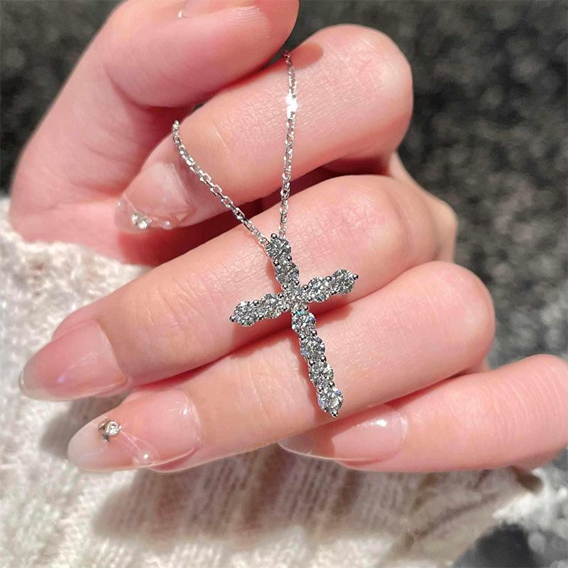 S925 Sterling Silver Cross Necklace with Full Diamond Pendant, Classic Pave Style, Versatile Fashion Clavicle Chain for Women.