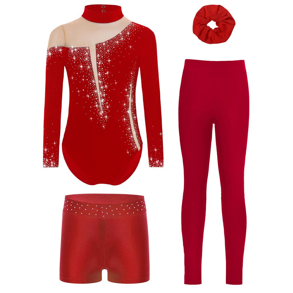 Ensemble de gymnastique et de danse pour filles Manches longues Dos avec découpe Strass Scintillants Justaucorps avec Short Leggings Bandeau pour Cheveux