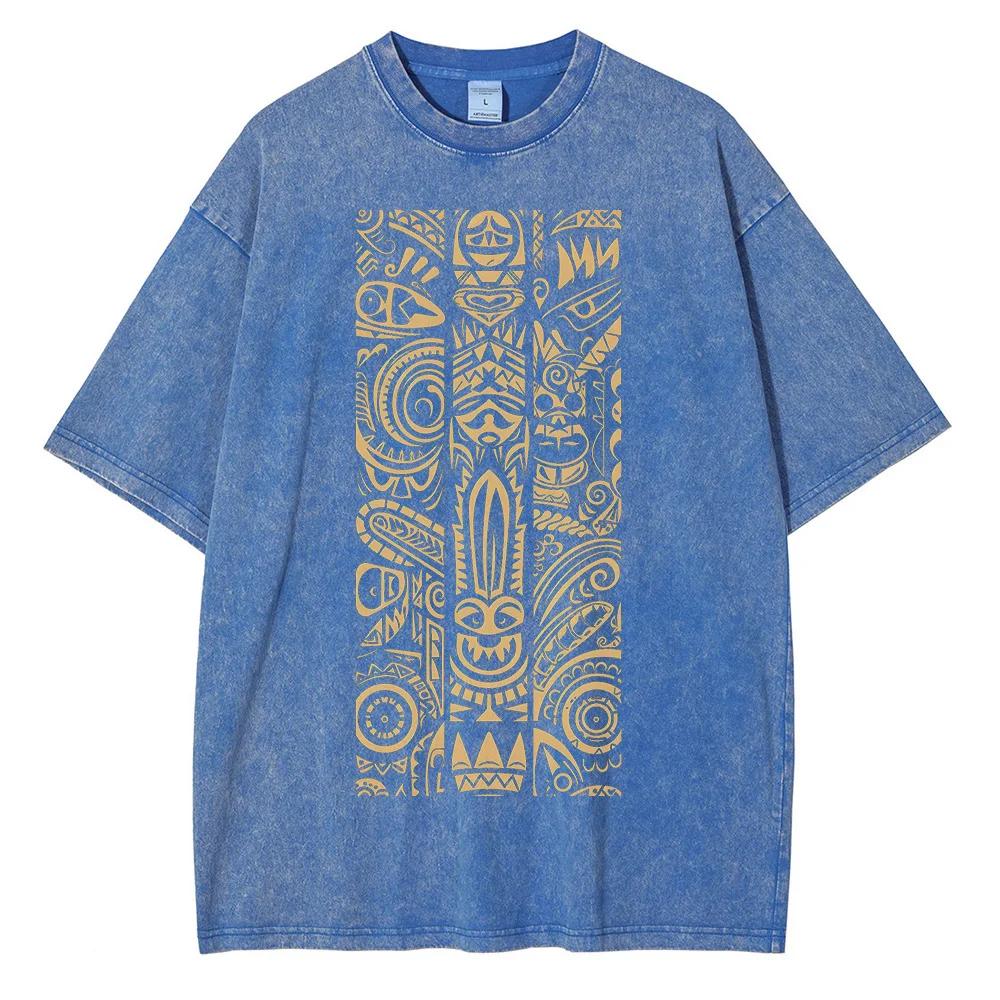 Tribal Tattoo Style Pattern printed T-shirt Summer Men's and Women's Fashion water wash vintage T-shirt Style top