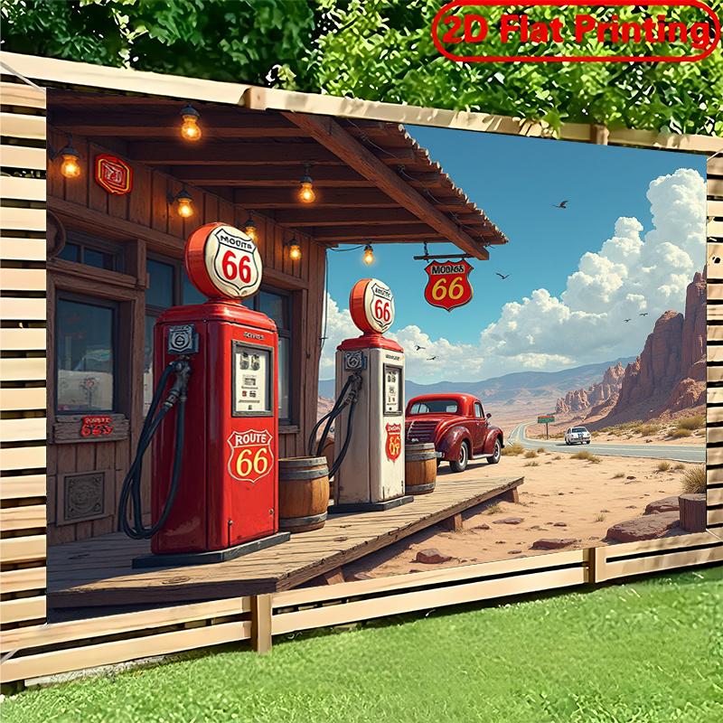 2D plane, 1 piece of retro 66th Highway gas station background banner,suitable for themed parties, perfectly matching ro