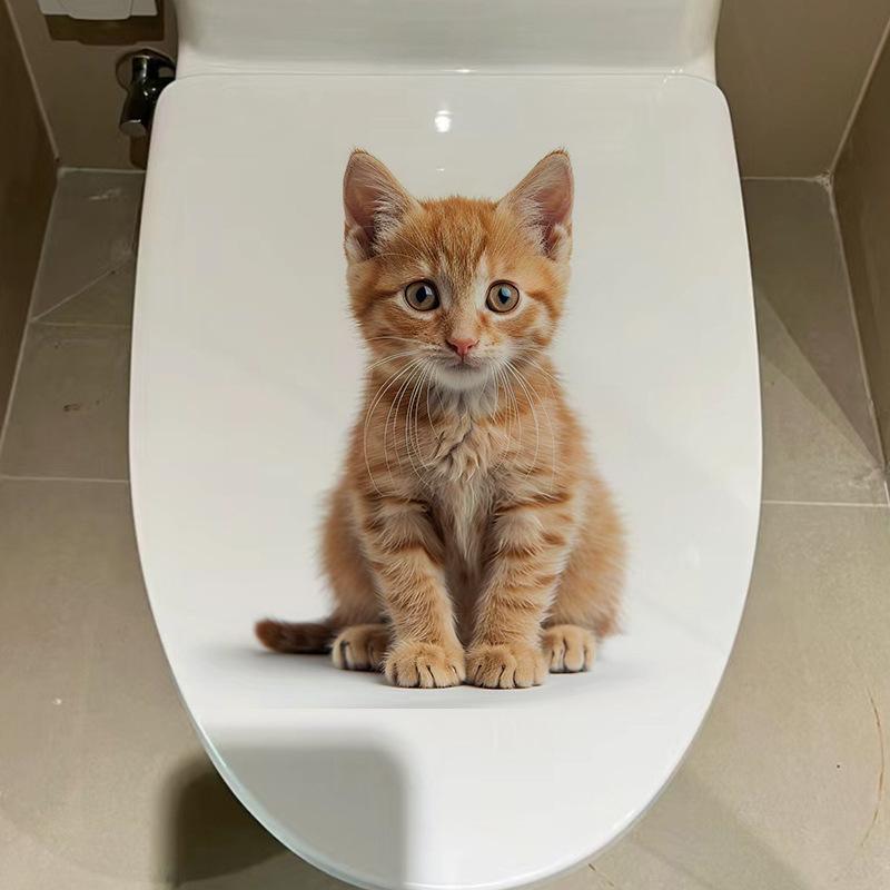 Autocollant de toilette 3D créatif et réaliste avec vision de chat mignon, décoration de couvercle de toilette en PVC auto-adhésif et imperméable