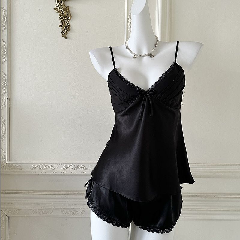 

Good Morning Champagne Whisky Suspender Shorts Pajamas Suit Ice Silk Sexy Pure Desire Champagne Home Wear Summer Black (without chest pad) XL