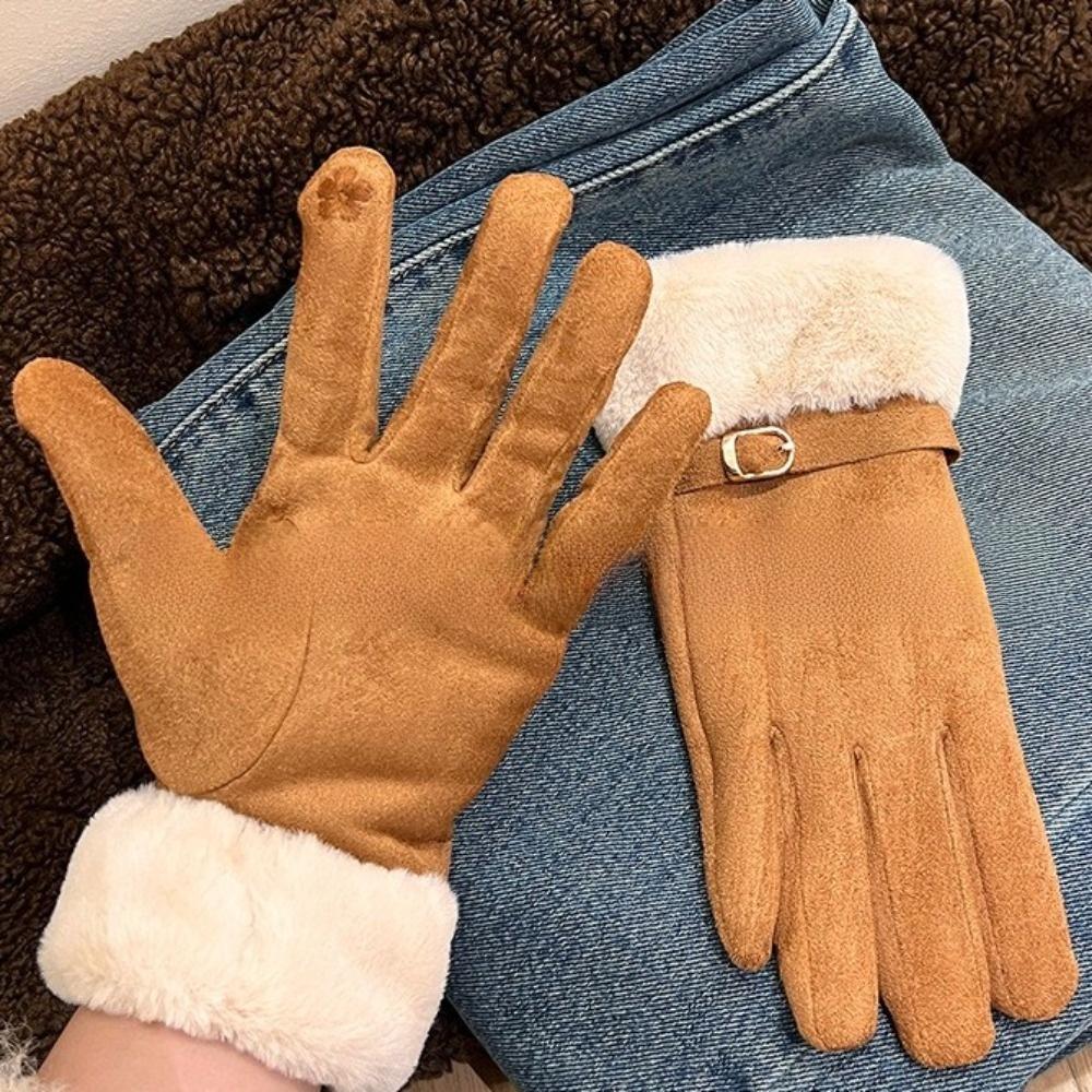 Suede Outdoor Cycling Gloves Winter Warm Five-finger Gloves Retro Touchscreen Gloves