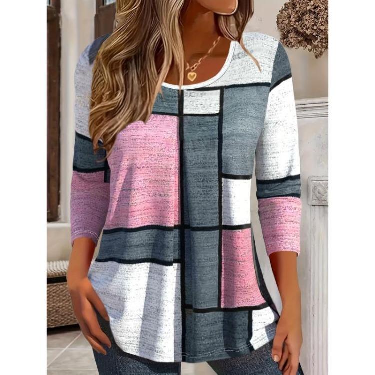 Women Plus Size Boho Paisley Print Long Sleeve Round Neck Tshirt Slight Stretch