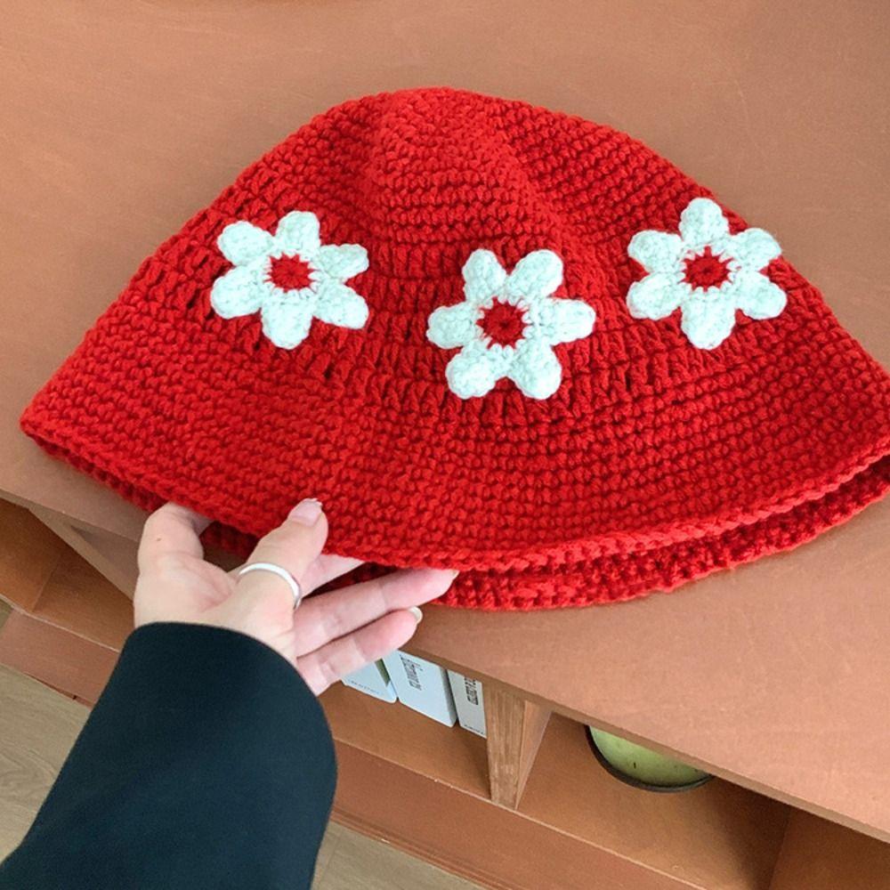 Sweet Crochet Flower Knitted Hat Korean Style Bucket Hat Retro Beanies Hat  Autumn and Winter