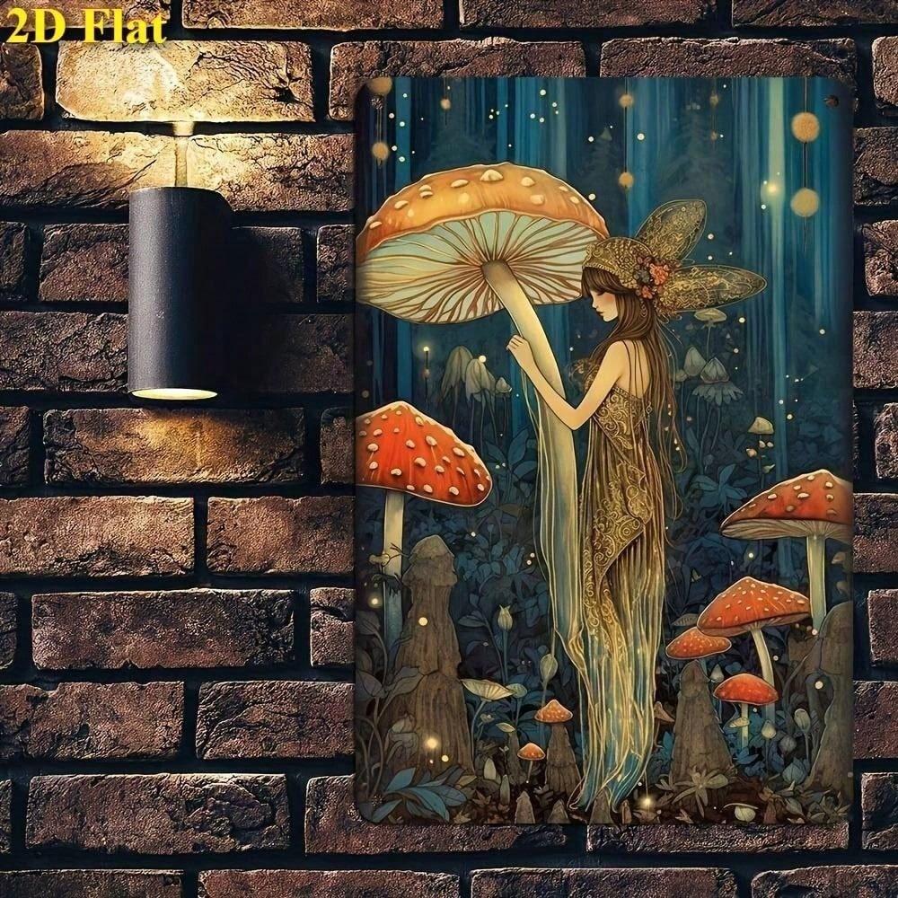 Enchanted Forest Fairies Metal Sign, Vintage Fantasy Mushrooms 2D Flat Wall Decor, Unframed Home Bar Decoration