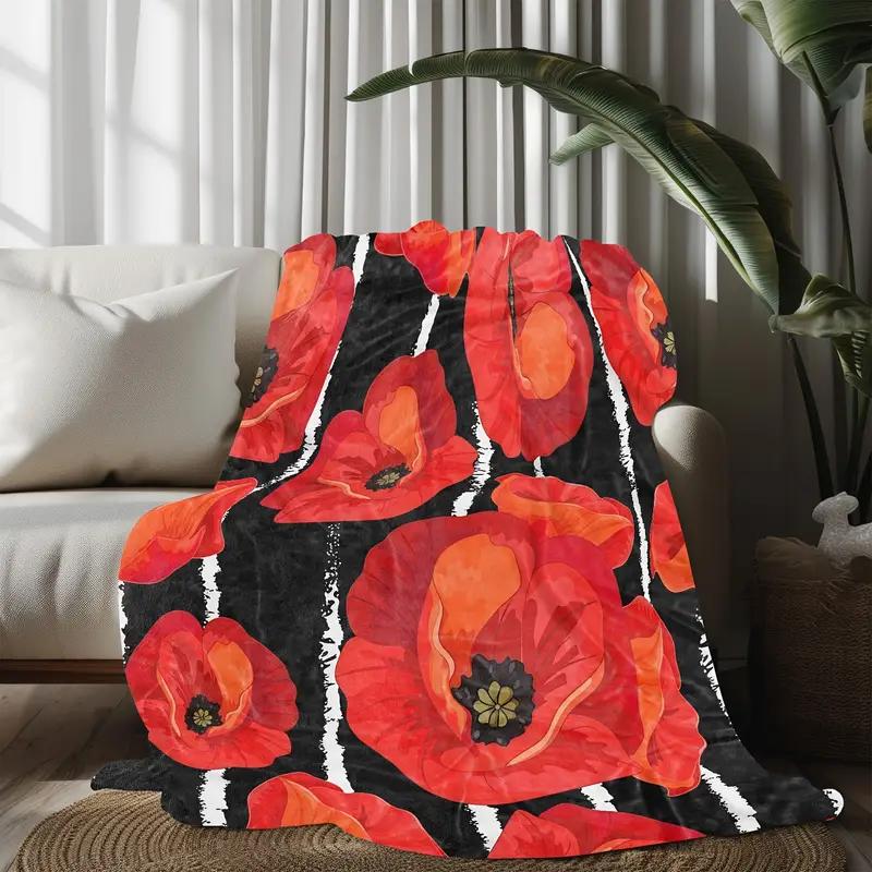 Red Poppy Flower Print Flannel Blanket - for Sofa, Travel, Bed, Camping, Office, Decoration, Comfort and Warmth - Christmas