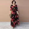Summer Women's V-Neck Floral Casual Dress Ice Silk Linen High Elastic Long Dress A-Line Plus Size Dress