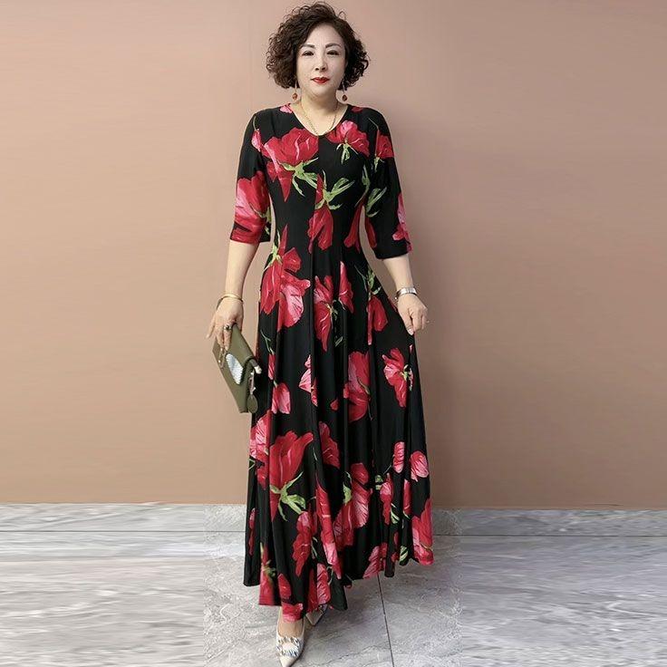 Summer Women's V-Neck Floral Casual Dress Ice Silk Linen High Elastic Long Dress A-Line Plus Size Dress