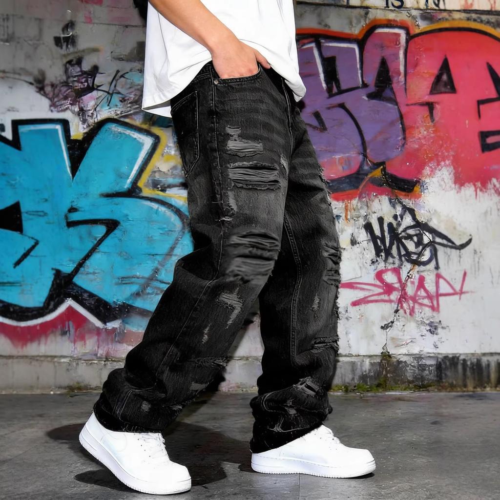 New American retro ruffian handsome casual personalized patch jeans straight loose pants