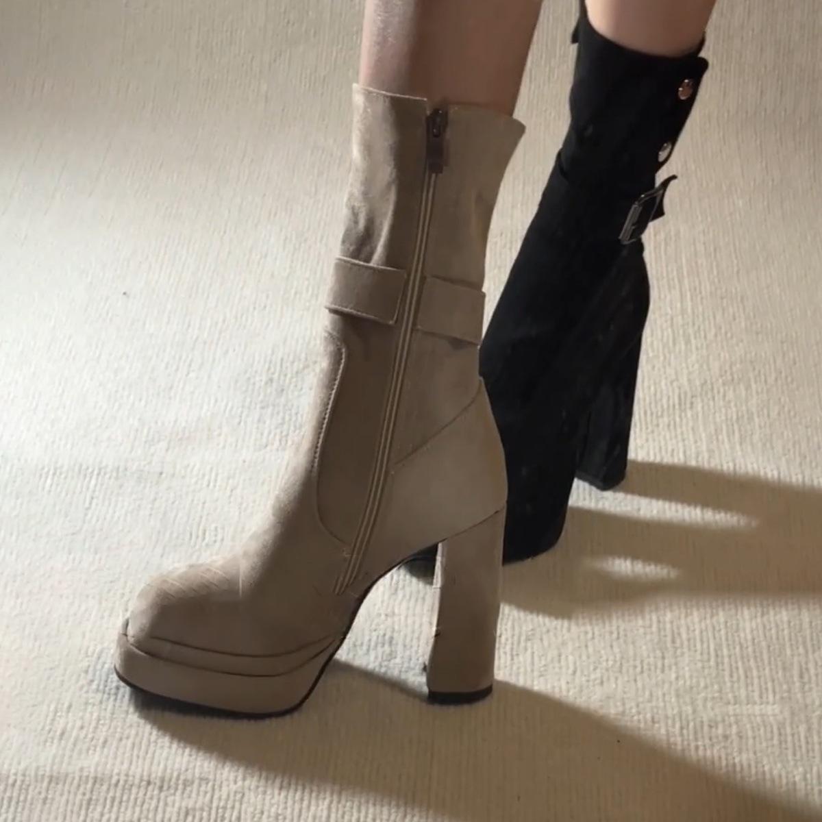 Suede Skinny Coarse Heel Short Boots Women s Summer Boots Maillard Martin Boots Small High Heel Boots 40 хаки