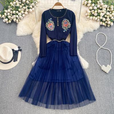 Güz Kış Giysileri Mizaç Uzun kollu Nakış Çiçek Örme Orta uzunlukta Elbise Rahat Ekleme Örgü Tek Parça Elbise