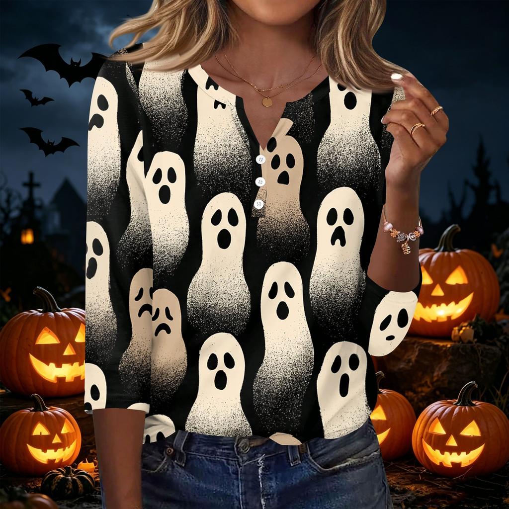 Women's Casual Halloween Print V Neck Button Front Three Quarter Sleeve T Shirt Top Lightweight Soft Fabric Comfortable Fit