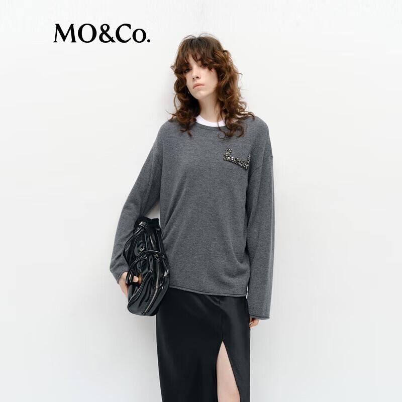MO&Co. Wool-Cashmere Blend Embellished Crewneck Sweater