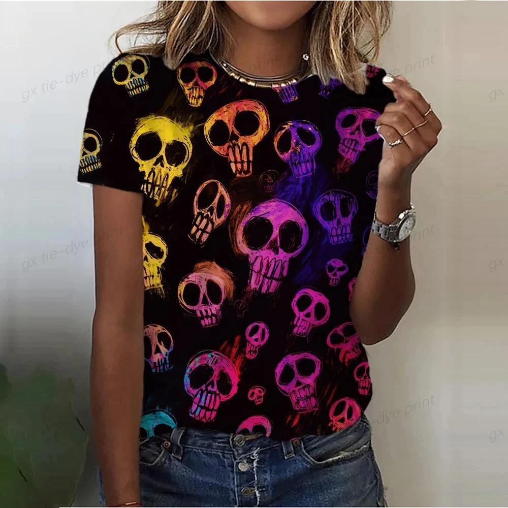 Summer Round Neck 3D Skull Pattern Printed Top Fashionable Casual Cute Short Sleeved Women's T-shirts