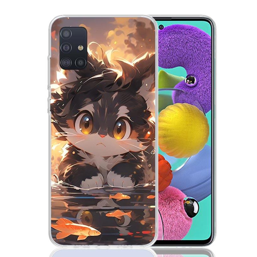 Cartoon Cute Cat Fish Aesthetic Phone Case For Samsung Galaxy A52 A32 A22 A12 A02S A50S A30S A51 A31 AA71 Note 20 Ultra 10 S10 P