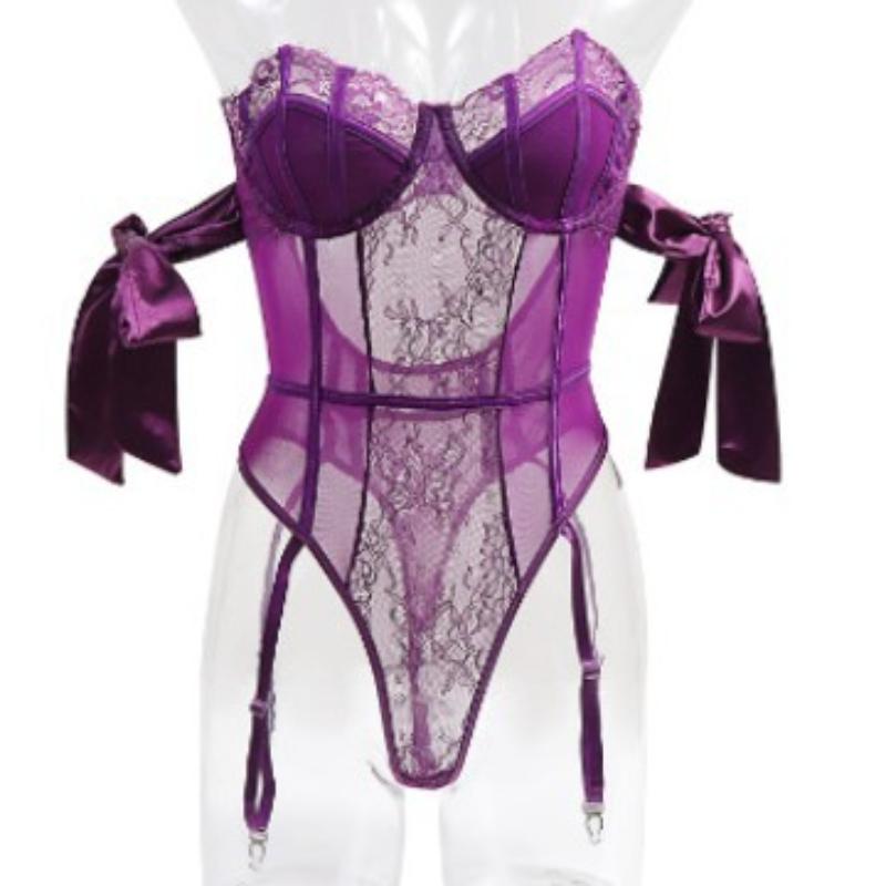 One-piece lace splicing erotic lingerie steel ring gathered underwear corset purple shaping sexy