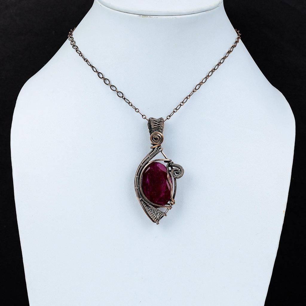 Lab-Created Red Ruby Gemstone Pure Copper Wire Wrapped Handmade Pendant Jewelry
