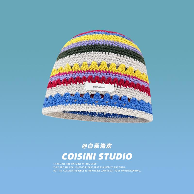 Japanese Retro Contrasting Color Rainbow Striped Knitted Basin Caps Women Spring Autumn Casual Versatile Sweet Cute Bucket Hats